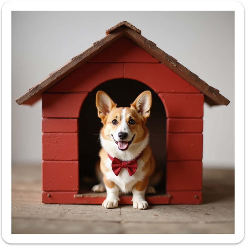 realistic red dog house with a Corgi dog inside, Corgi with a bow, photorealistic style sticker