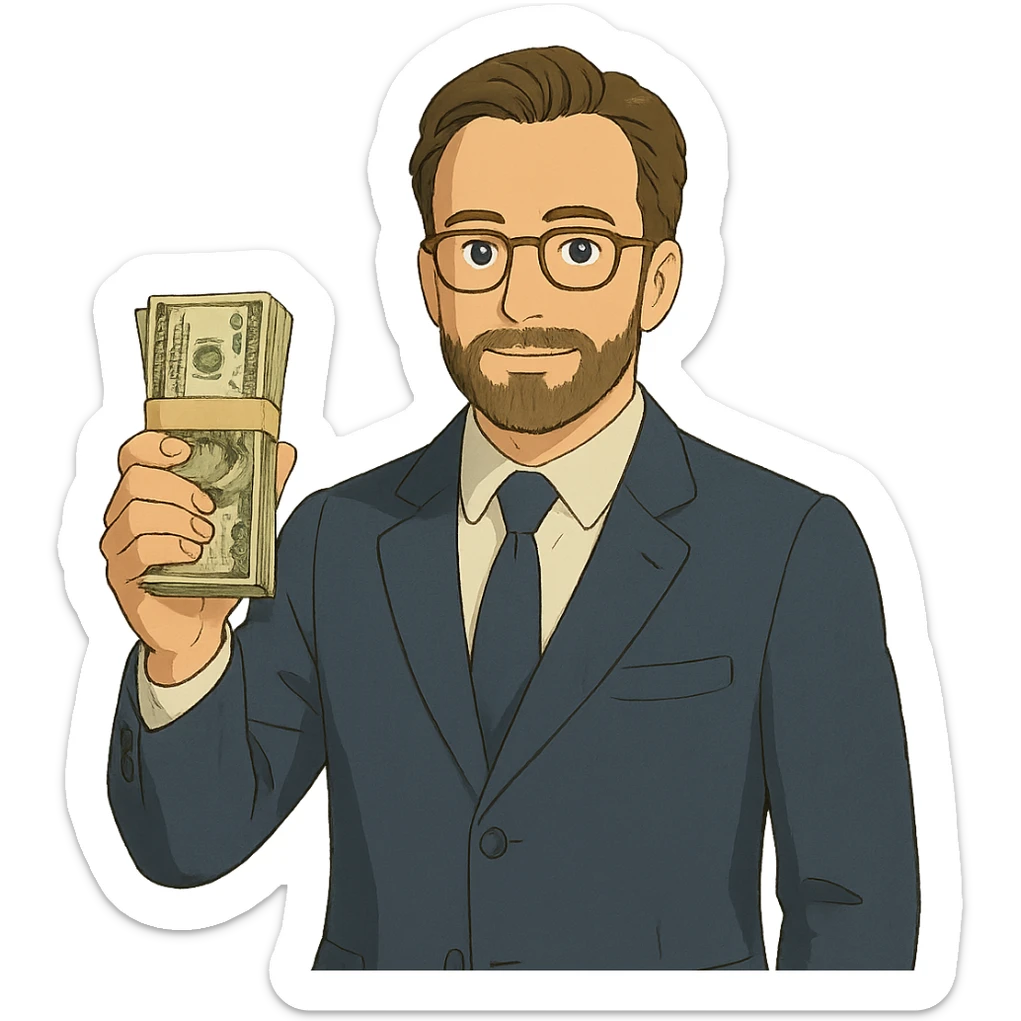 ghibli style illustration of Nikolai Astrup, Norwegian politician, holding a pack of money in his hand sticker