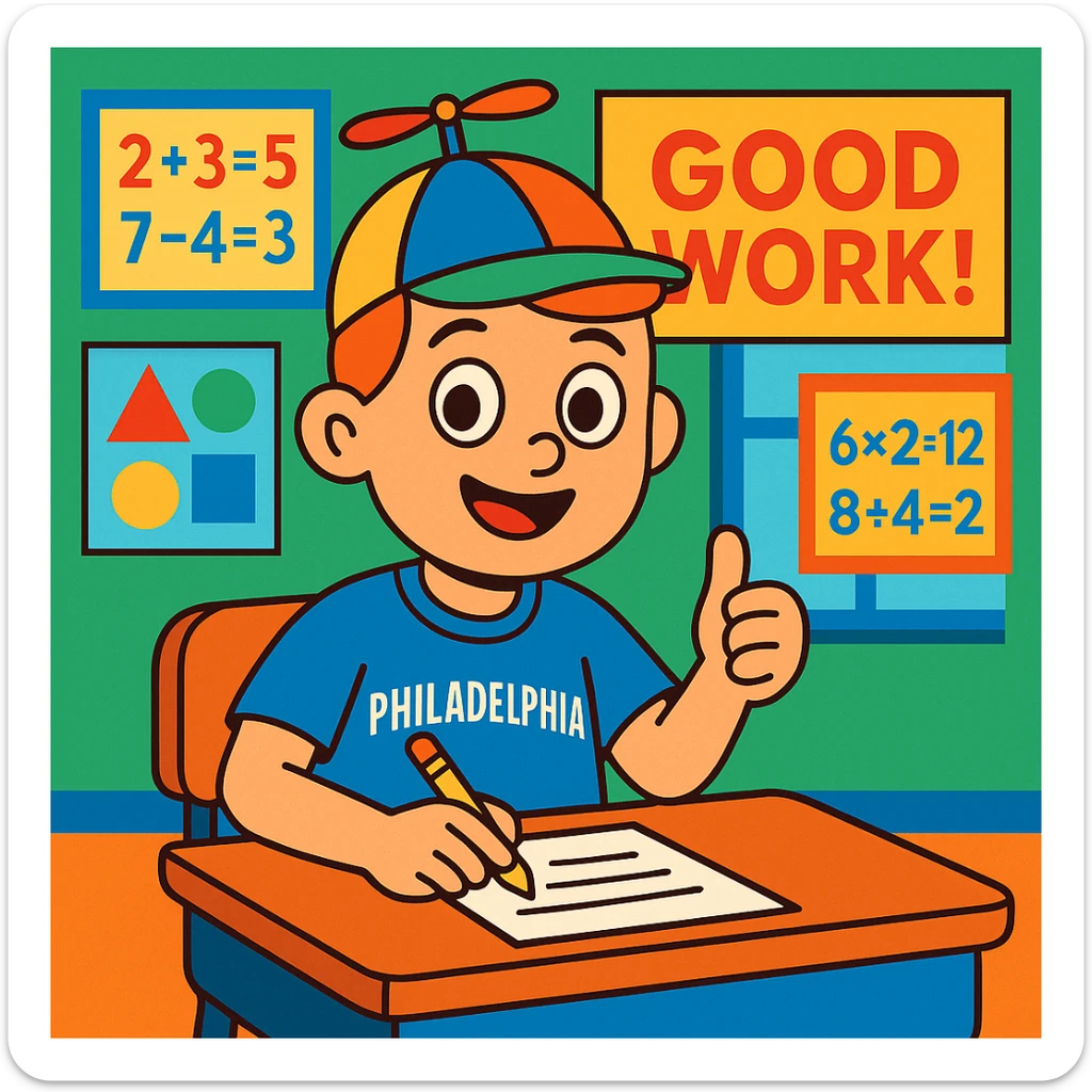 A boy named Little Johnny, propellor hat, Philadelphia sports shirt, in a classroom with math posters, demonstrating good work habits, colorful and friendly, positive and studious atmosphere sticker