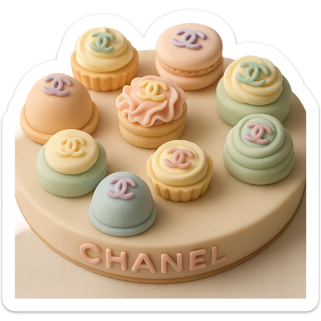 pastel fondant cake art style Chanel dessert platter with assorted mini pastries and logos sticker