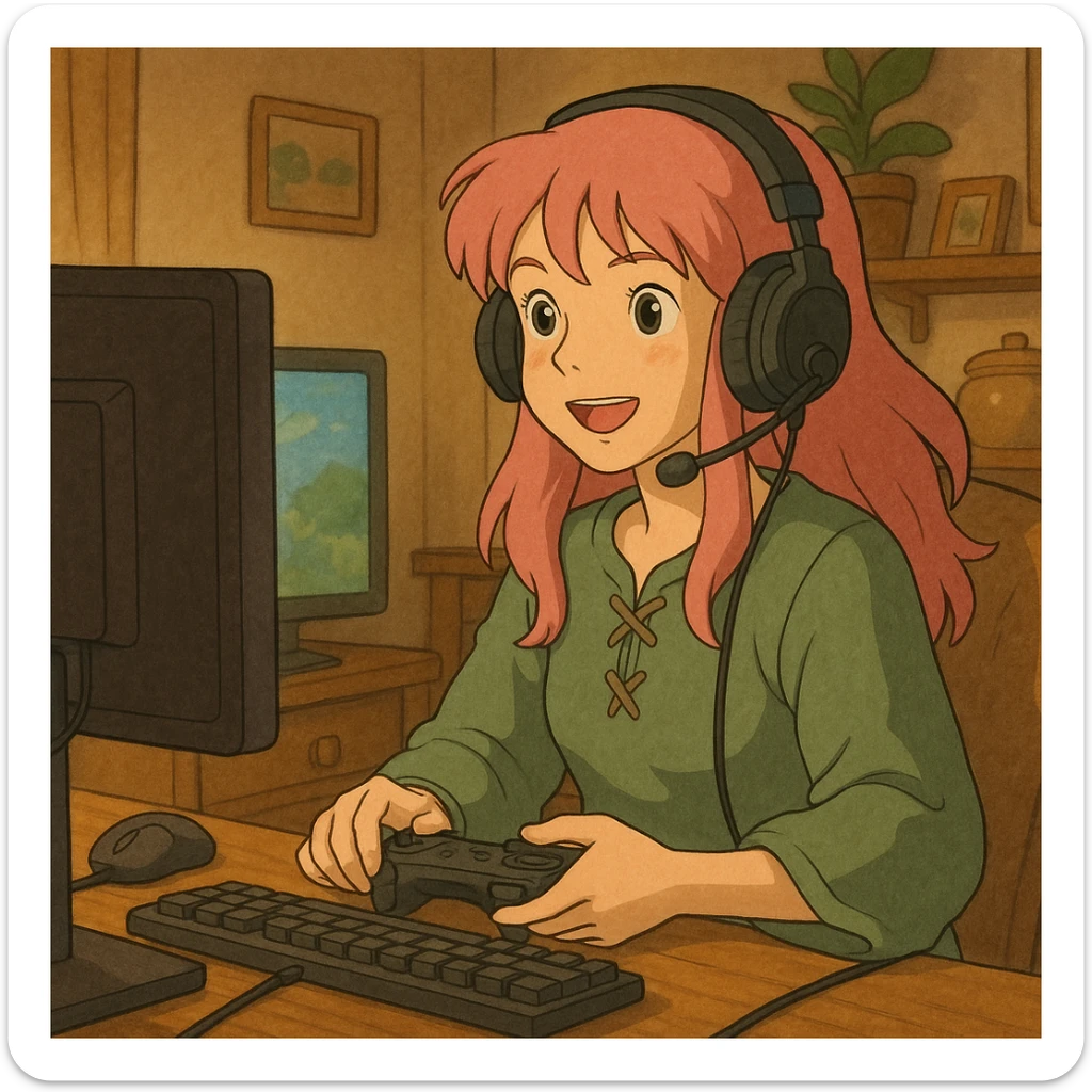 girl with pink hair streaming and playing video games, in Ghibli style sticker