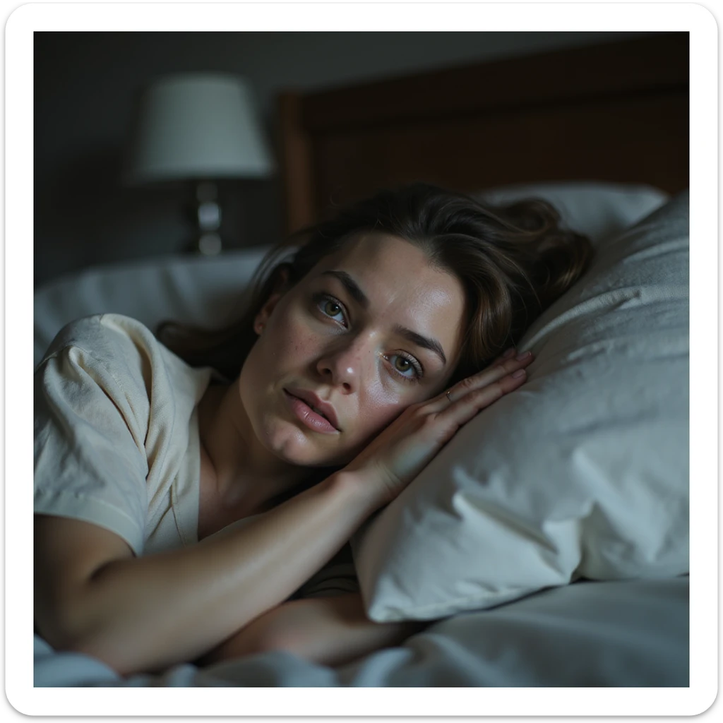 Donna sdraiata sul letto, viso estremamente stanco con occhiaie profonde, pelle pallida, sguardo perso e spento, espressione esausta, postura abbandonata, stile iperrealistico, dettagli realistici, qualità 4K, ambiente domestico sticker