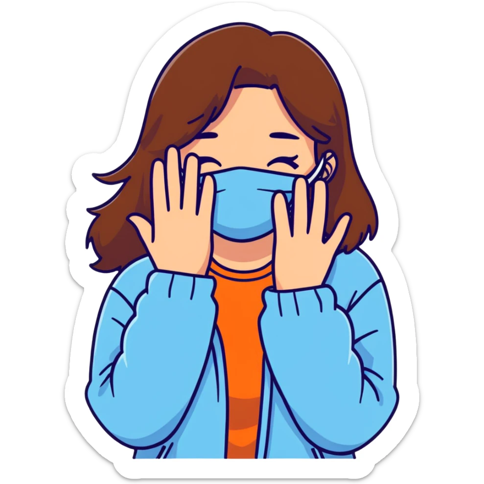 brunette girl with brown hair wearing pastel blue clothes covering her face with her hand sticker
