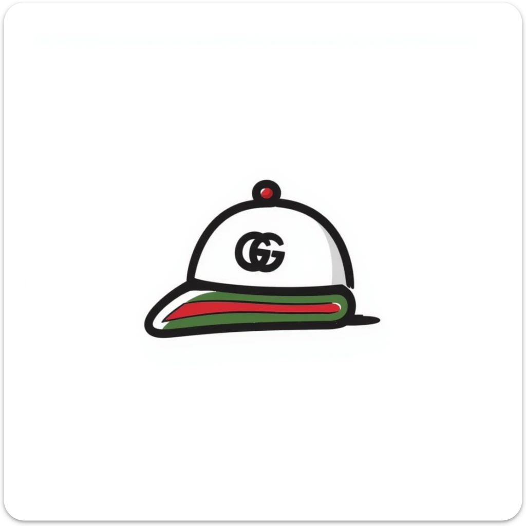 hand-drawn doodle of a Gucci cap with signature green and red stripes and logo sticker