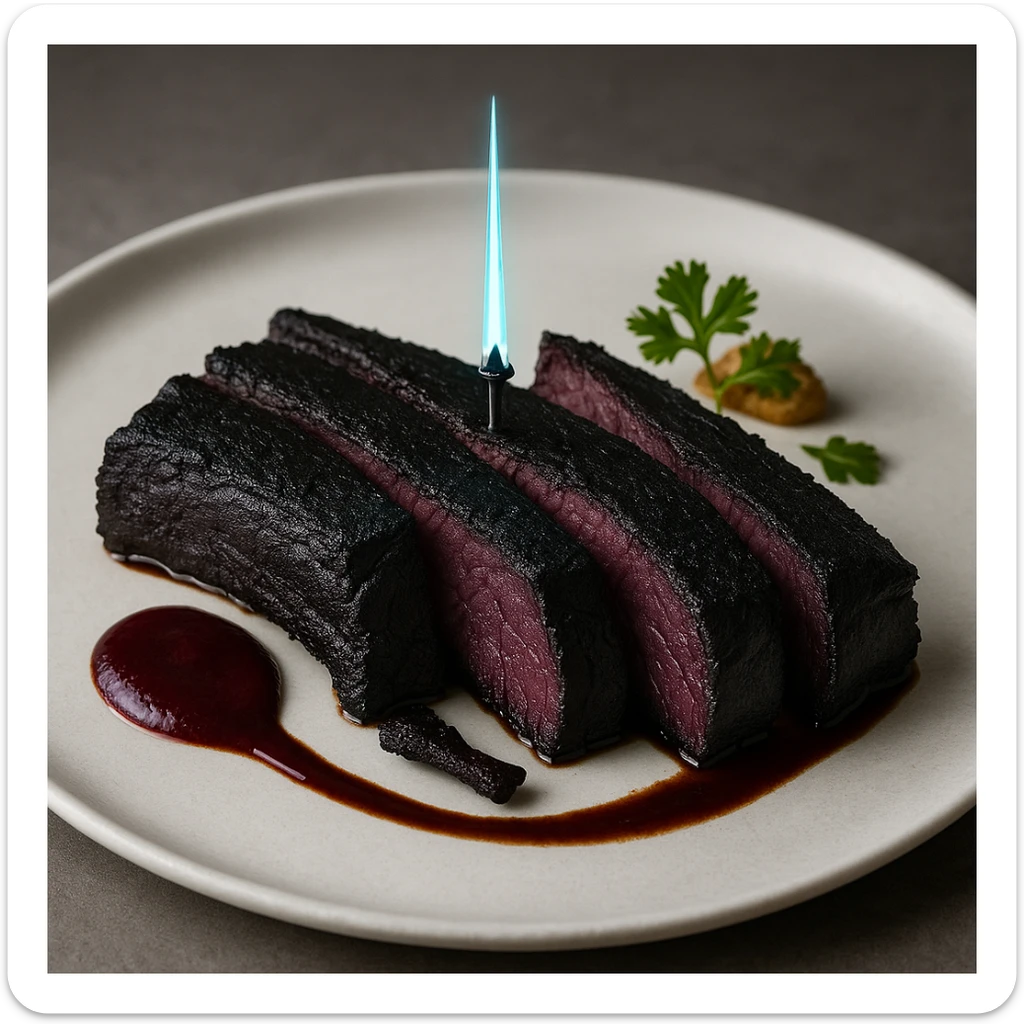 a delicious plate of smoked ribs, the color of the meat is succulent dark blackish purple, the 5 Michelin star dish is plated with a tiny energy sword piercing the center sticker