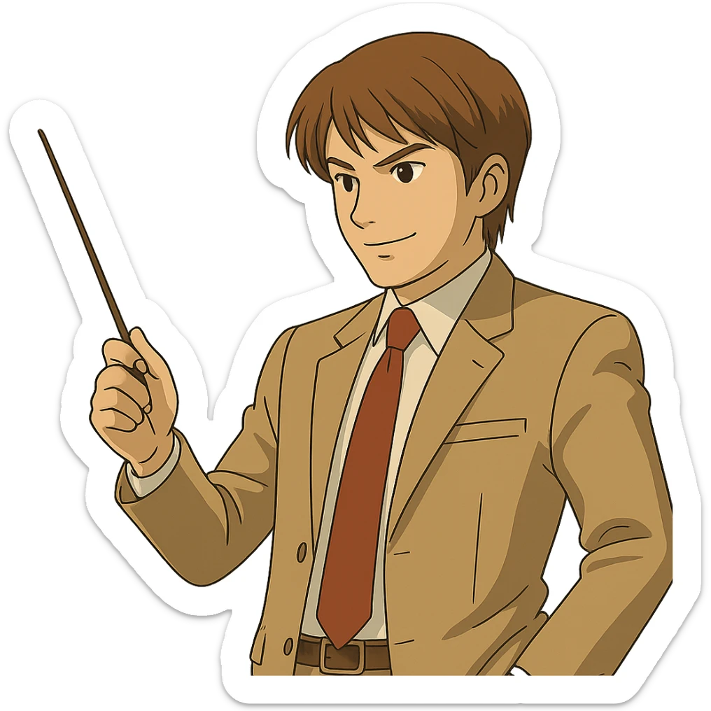 Change the angle of the teacher's stick so Light Yagami is pointing downward, confident expression, Ghibli style, transparent background. sticker