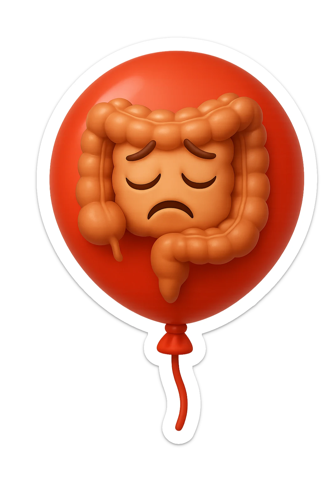 EMOJI STILE IPHONE 3D DI INTESTINO 3D CON ESPRESSIONE TRISTE  IN VOLTO CHIUSO IN UN PALLONCINO ROSSO, FAGLI ANCHE LA PARTE BIANCA DEGLI OCCHI, NON SOLO LA PUPILLA sticker