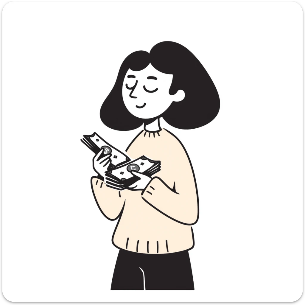 brunette girl in beige sweater happy with money in hands sticker