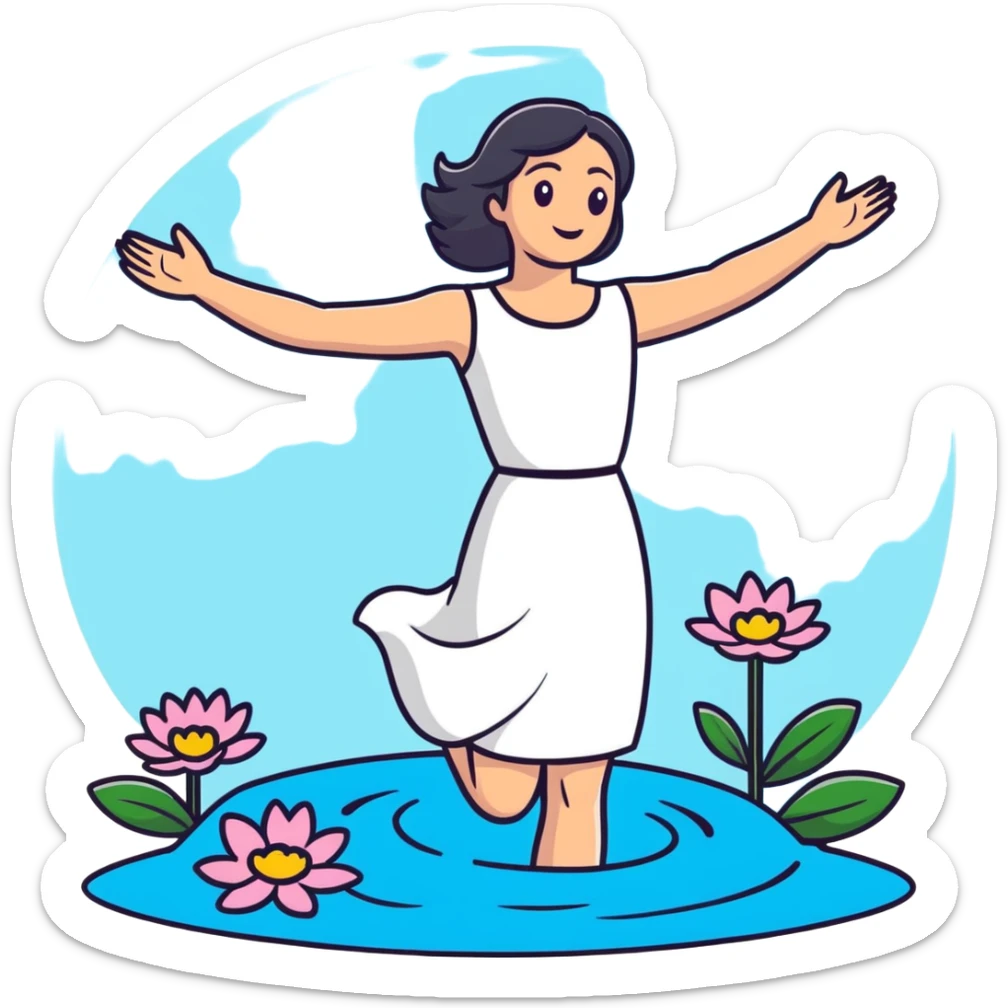 Ophelia floating in water surrounded by flowers, woman in dress with arms outstretched, based on the famous painting by John Everett Millais sticker