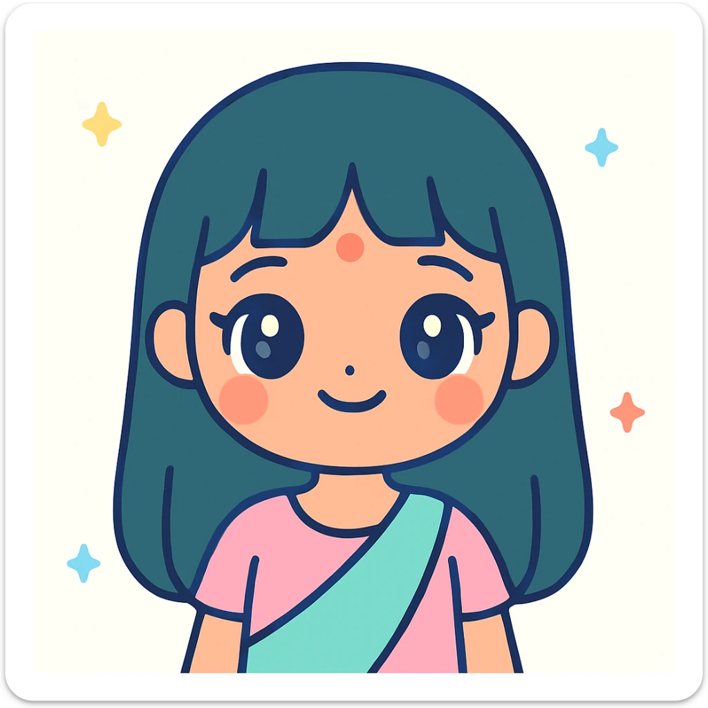 illustration of an Indian girl with straight long hair and a fringe, big lips, slightly slanted eyes, winged eye liner, cute kawaii style sticker