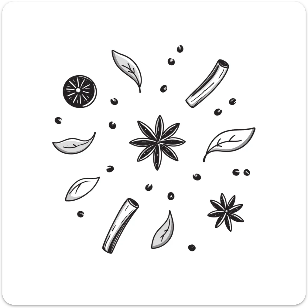 Hand-drawn collection of spices including peppercorns, bay leaves, cinnamon sticks, and star anise sticker