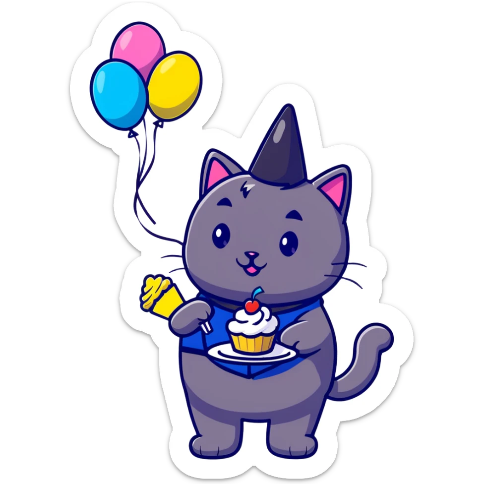 black cat police chief celebrating birthday with friends, balloons and streamers background, cartoon style, suitable for emoji sticker sticker