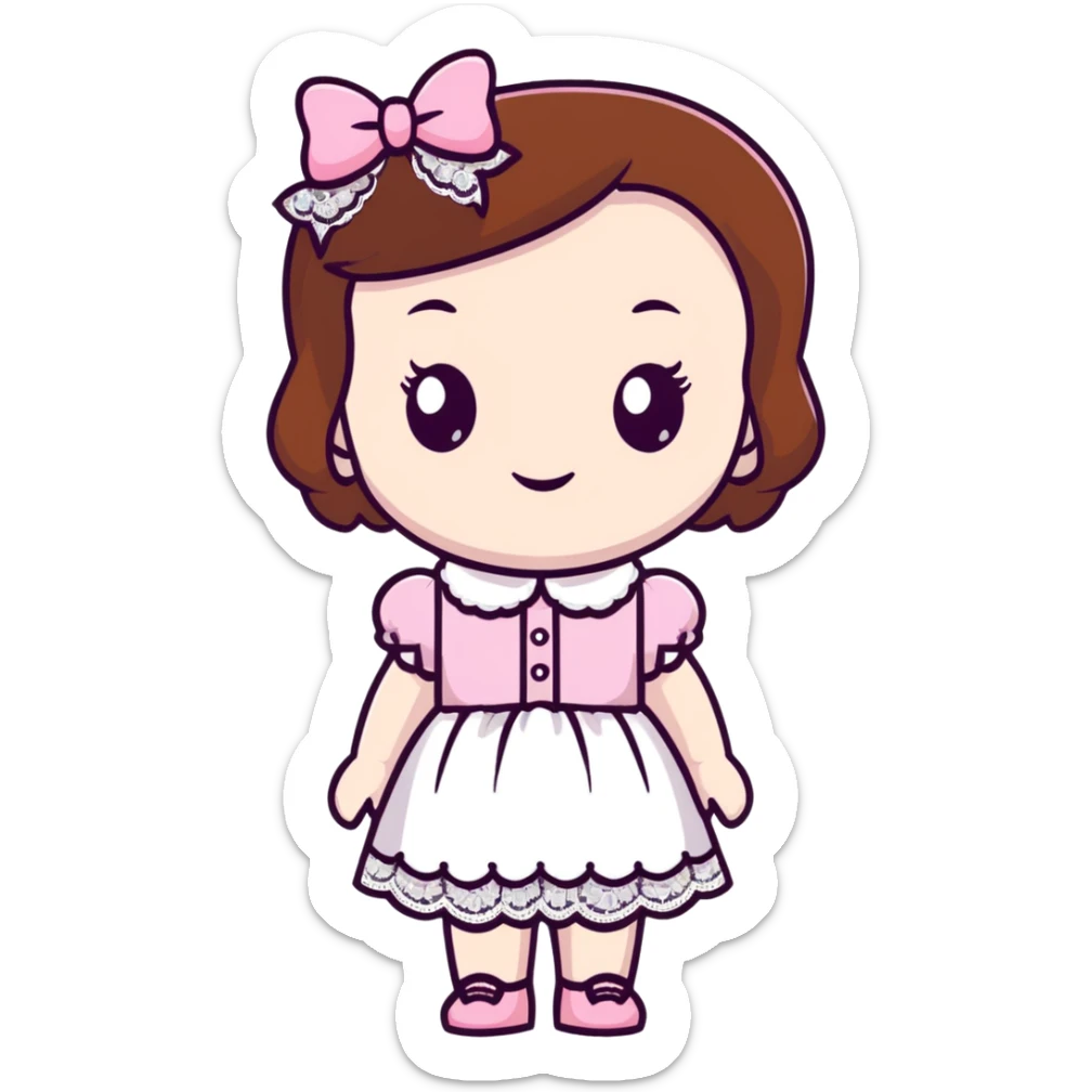 pale skin coquette girl with brown hair, pink bows, lace, pearls, dainty sticker