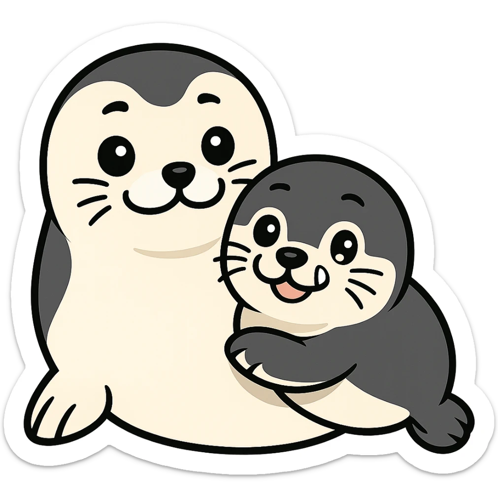 Transform the seal pup and mother in the image to resemble Yo-chan and Tusk-chan from Tokkari Centre, maintaining the happy pose and preserving the transparent background. sticker