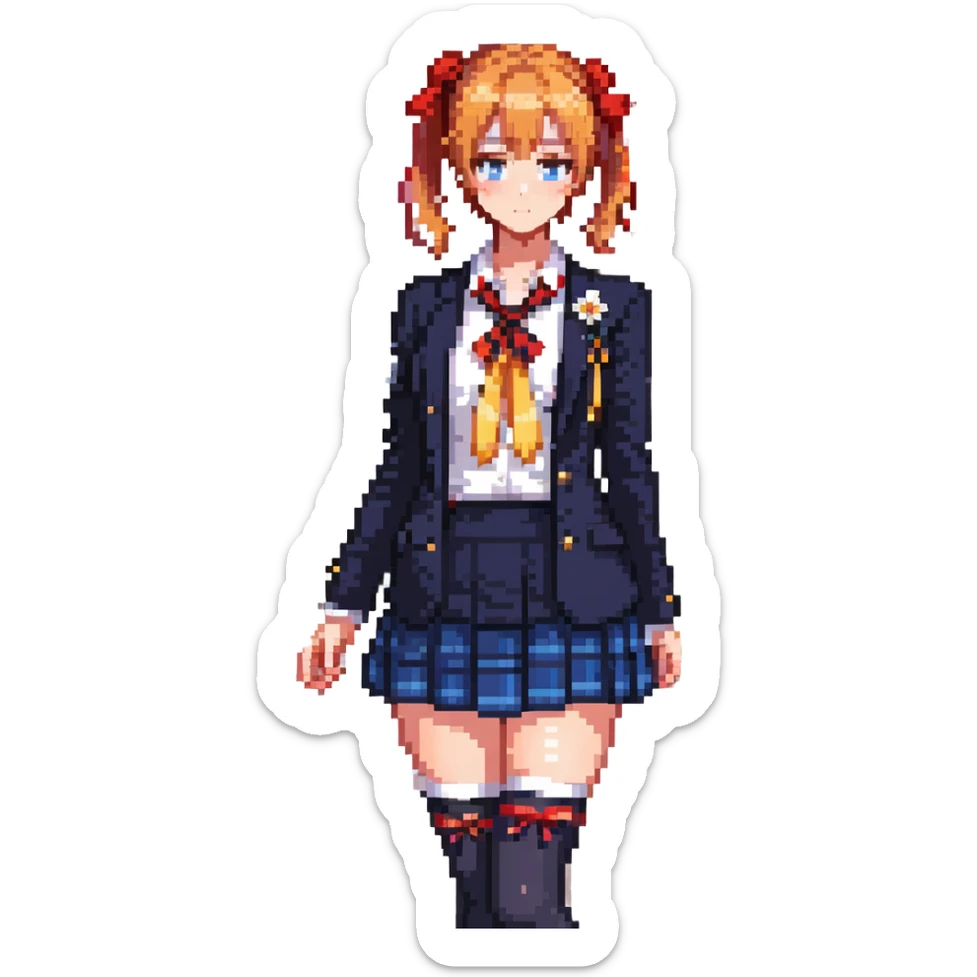 Honoka Kosaka from Love Live standing in Otonokizaka High School courtyard, orange side ponytail with yellow ribbon, blue eyes, navy blazer, red ribbon at collar, blue tartan skirt, black knee socks, brown loafers, cherry blossom petals floating, spring breeze, cheerful and determined expression sticker