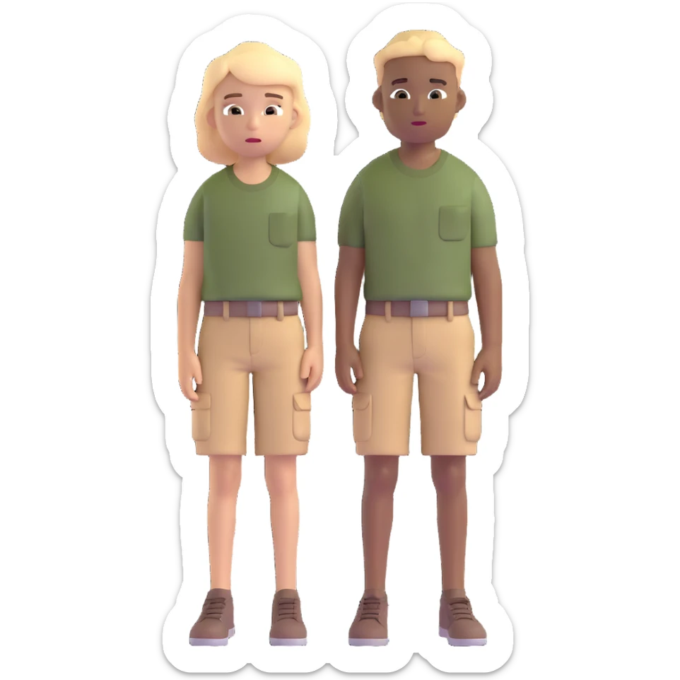 boy wearing an olive-green shirt over a brown T-shirt with beige cargo shorts sticker