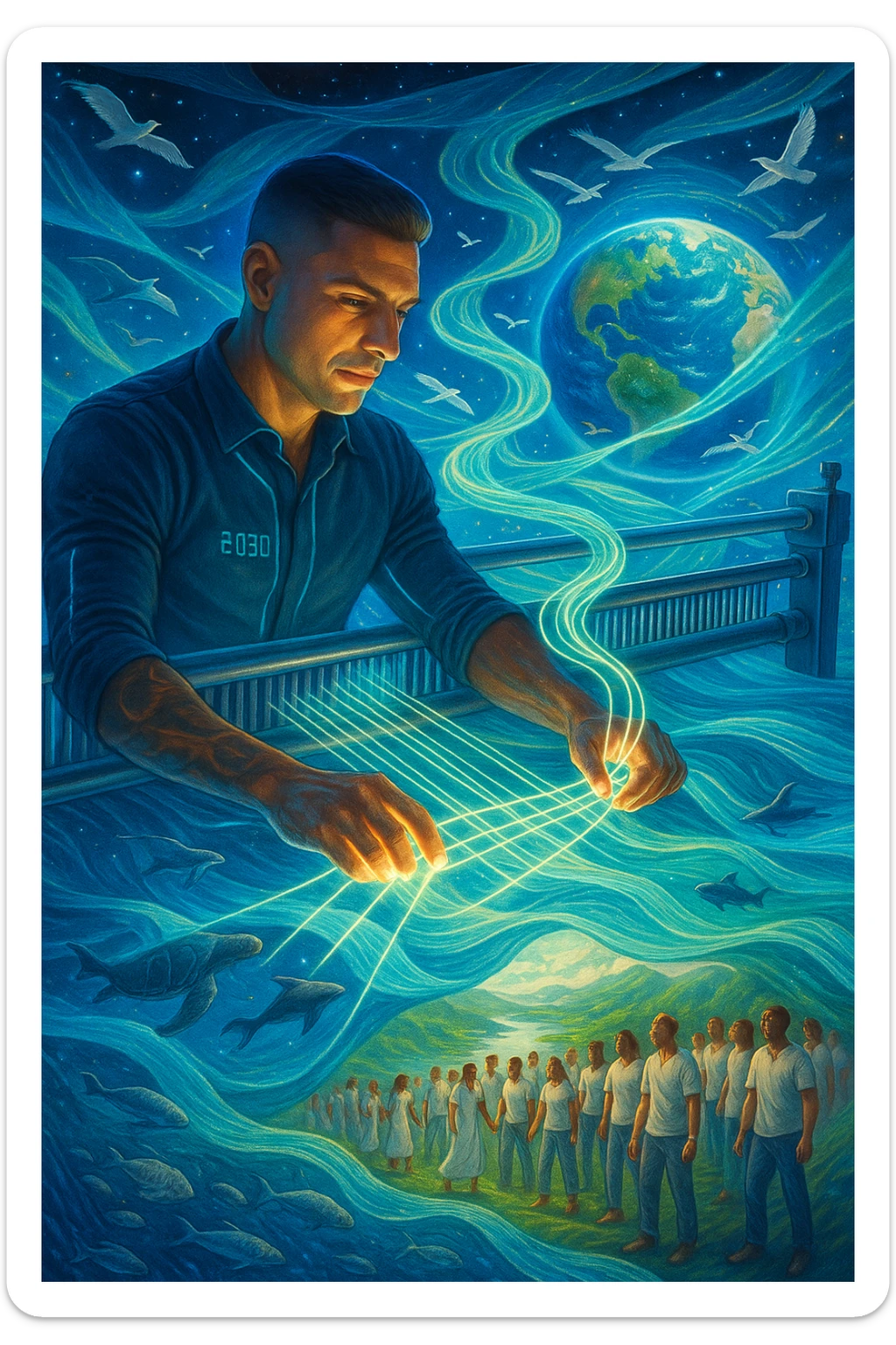 Uomo del 2030 al telaio gigante cosmico che tesse il destino del pianeta con fili di cotone stellare, ogni fibra naturale che intreccia ripara una parte dell'ecosistema terrestre, dita che brillano mentre guidano i fili di cotone attraverso dimensioni parallele, tessuto che si estende dall'atmosfera fino alle profondità marine, creature marine che nuotano attraverso le onde del tessuto acquatico, uccelli che volano seguendo i pattern del tessuto aereo, humanity unita che indossa vestiti di cotone e partecipa alla grande tessitura collettiva della salvezza planetaria sticker