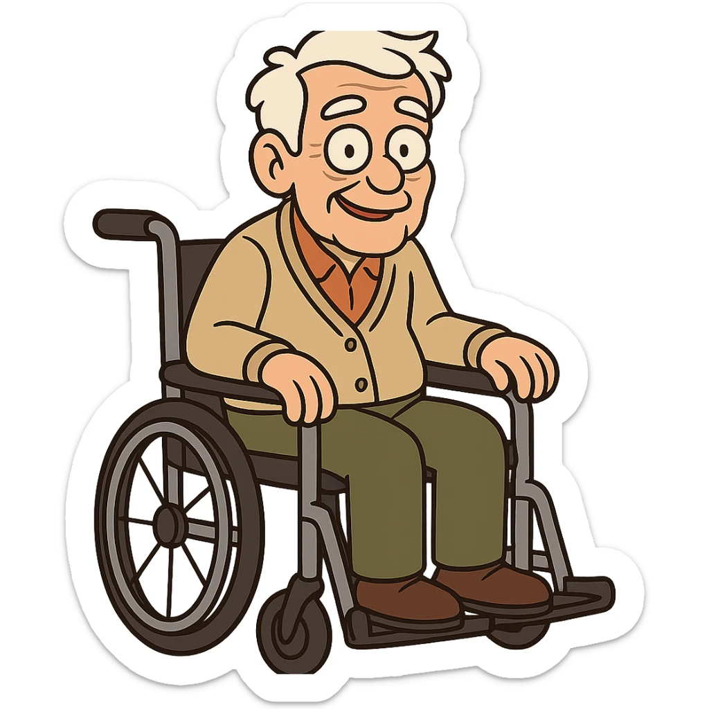 elderly person in a wheelchair, friendly cartoon style, warm and approachable expression sticker