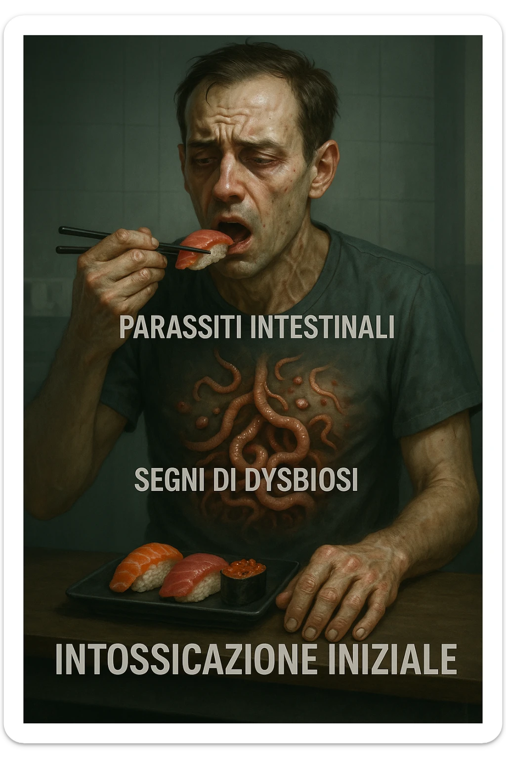 vertical realistic cinematic illustration of a man eating sushi and raw fish, with a visual transition showing his health starting to deteriorate, gradually appearing intestinal parasites, signs of dysbiosis, and early symptoms of malaise, clinical atmosphere, dramatic lighting, Italian captions, aspect ratio 2:3 sticker