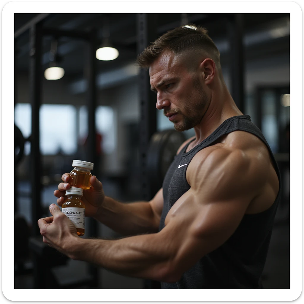 realistic muscular powerlifter in gym, looking at a bottle of anabolic steroids (AAS) with indecisive and reflective expression, wearing sportswear, isolated on white background sticker