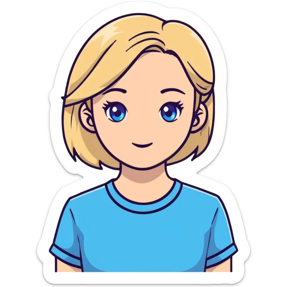 light gentle 20 year old girl in a shirt, light hair, blue eyes sticker