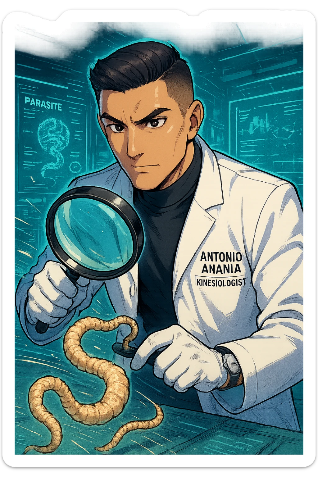 A dynamic manga/webtoon-style illustration of a young male kinesiologist wearing a clean white lab coat, analyzing light beige worms like a tapeworm under a magnifying glass. His expression is focused and slightly intrigued, with sharp, detailed eyes. The art style is vibrant, with bold linework, rich colors, and dramatic lighting. The background is a futuristic laboratory with glowing holographic screens displaying parasite data. The tapeworm is intricately drawn, slimy and segmented, with a slightly exaggerated yet realistic texture. The composition is dynamic, with motion lines or energy effects to emphasize his scientific investigation. The atmosphere is intense but not dark, keeping a balance between scientific seriousness and stylish manga aesthetics, he has "ANTONIO ANANIA" WRITTEN ON WHITE LAB COAT sticker