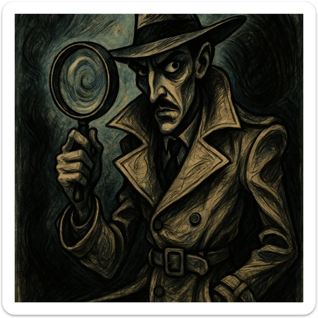detective character wearing a classic trench coat, holding a magnifying glass, with a mysterious expression, unique artistic style sticker