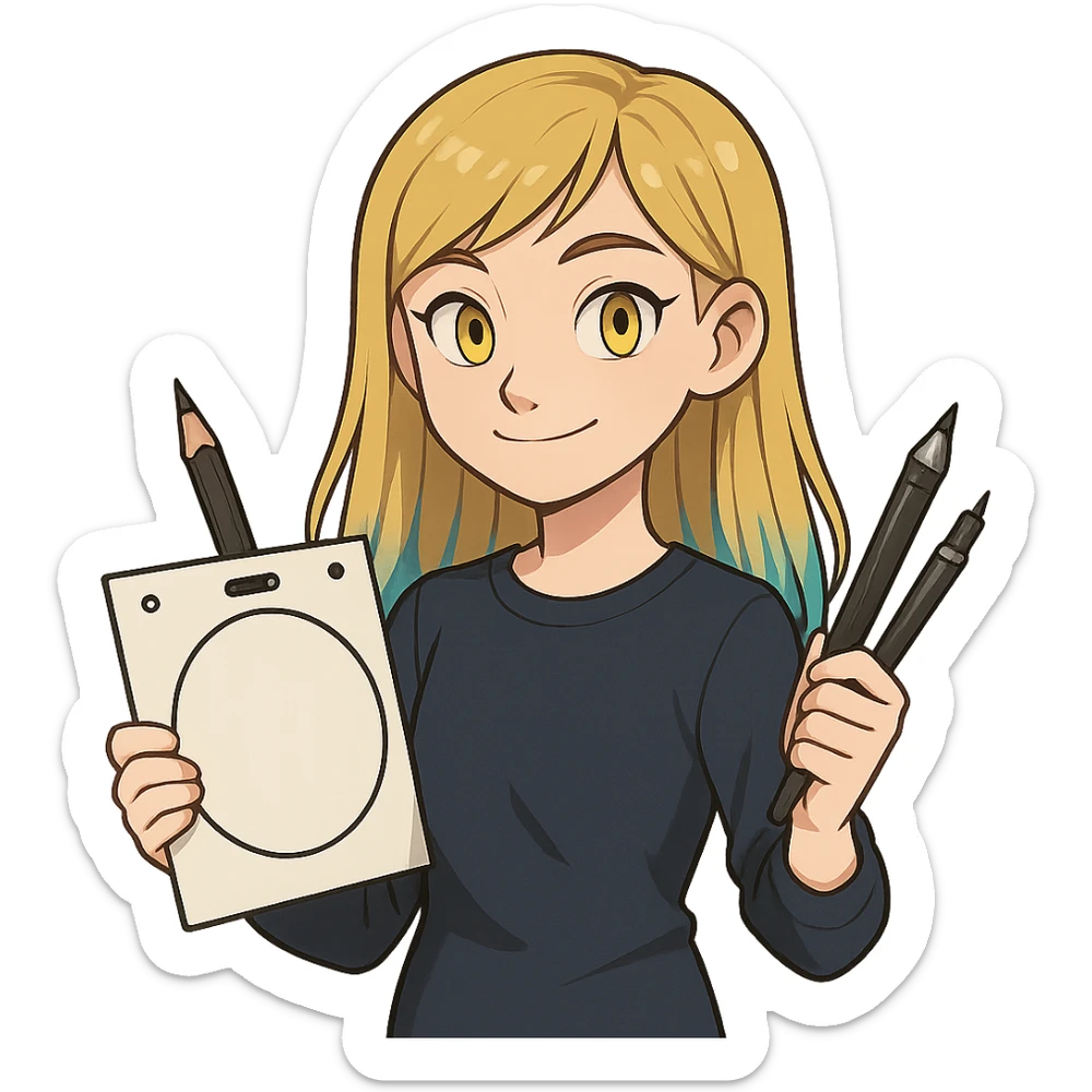 a girl animator with medium long blond hair, blue-dyed ends, yellow eyes, wearing dark blue clothing, holding animation tools sticker
