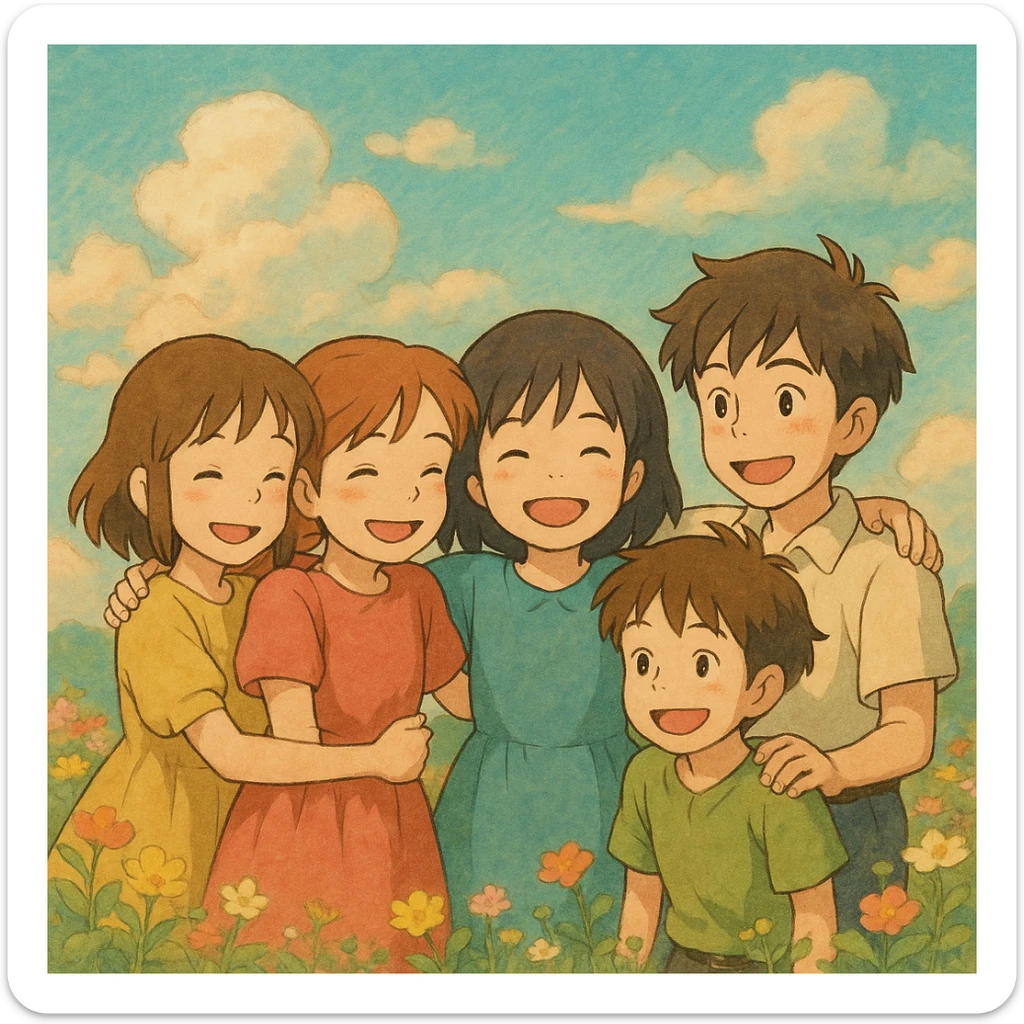 A close-knit group of three girls and two boys, arms around each other, in a Ghibli-inspired photo with dreamy backgrounds and expressive faces. sticker