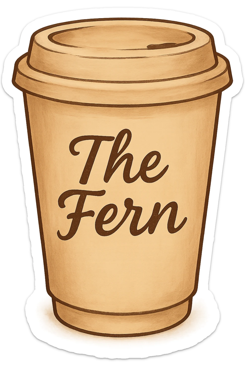 Make the white coffee cup a to-go cup with a lid, keep 'The Fern' in a handwritten script, cozy and inviting vibe. sticker