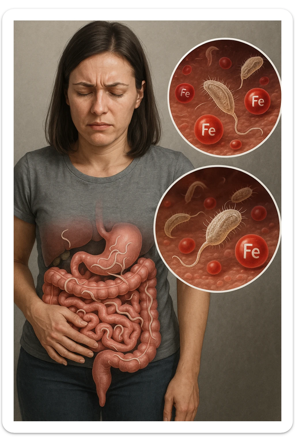 donna con parassiti intestinali che amano la sua carenza di ferro così possono svilupparsi. Immagini realistiche sticker