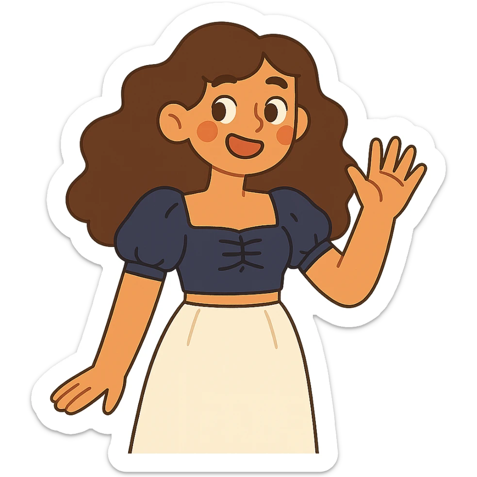 tan girl with wavy hair, white long skirt, navy blue ruched square neck crop top sticker