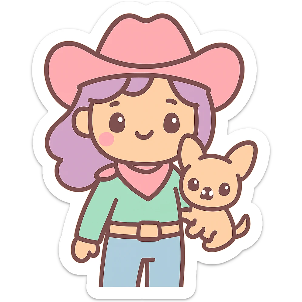 femme cowboy avec son chihuahua, style kawaii, chapeau rose sticker
