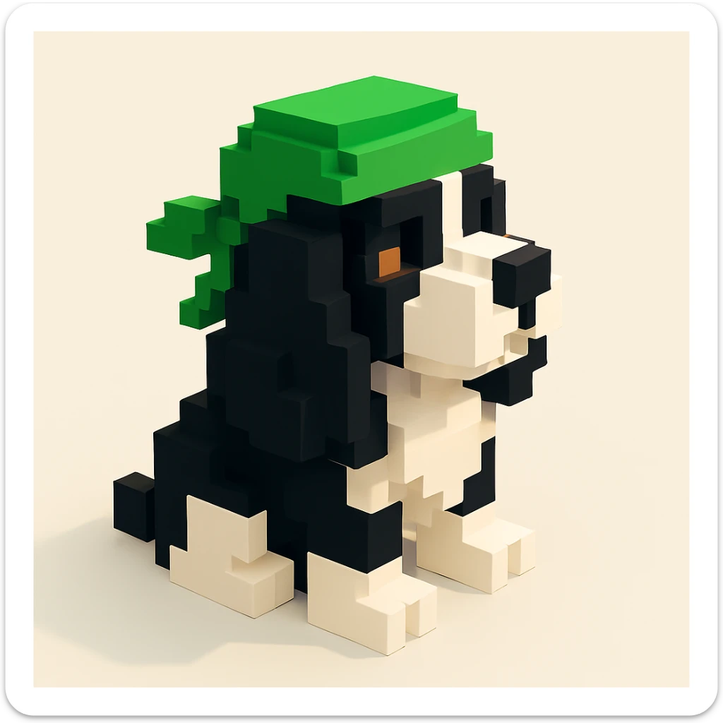 A black and white Russian Cocker Spaniel puppy wearing a green durag, voxel style, sitting, facing right sticker