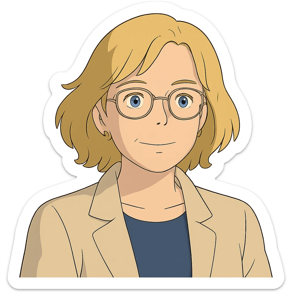 ghibli style blonde 40 year old woman with blue eyes and glasses sticker