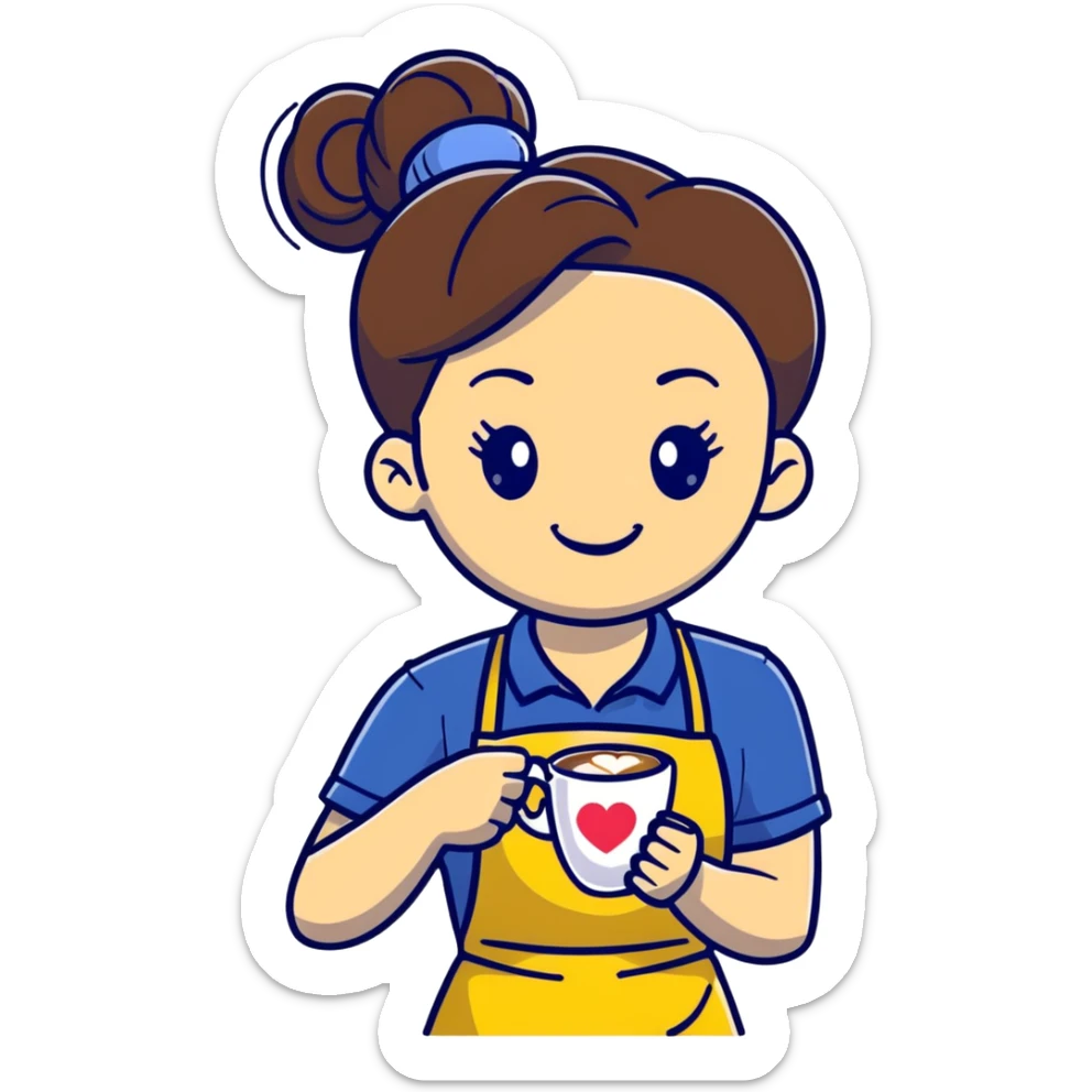 Cute brunette barista girl with hair in a bun wearing yellow shirt and dark blue apron, she's relaxed and making heart-shaped latte art, smiling at the coffee cup with a heart design in the foam sticker