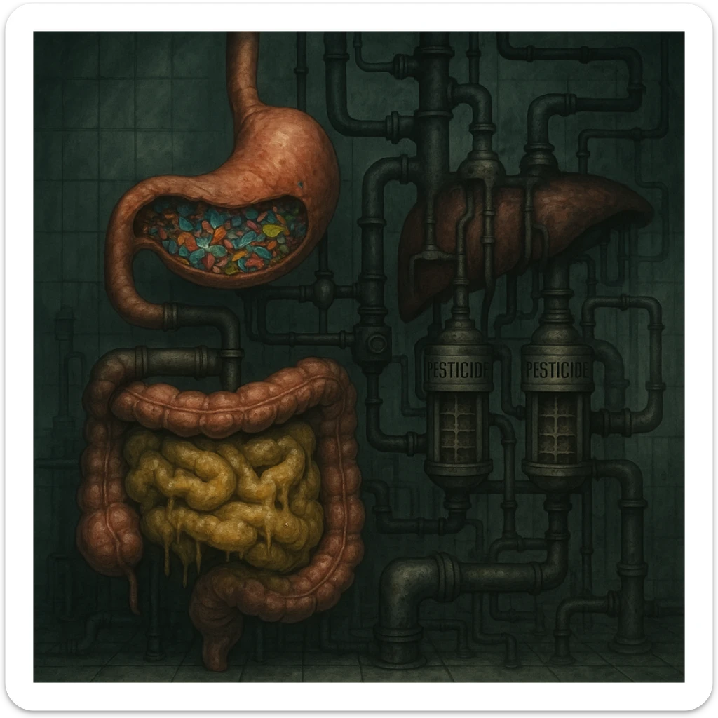 medical horror illustration of human digestive system mapped as a factory, stomach full of vibrant microplastic shards, liver with pesticide filter-clogged pipes, intestines covered in yellow preservative sludge, disturbing clinical eerie atmosphere sticker