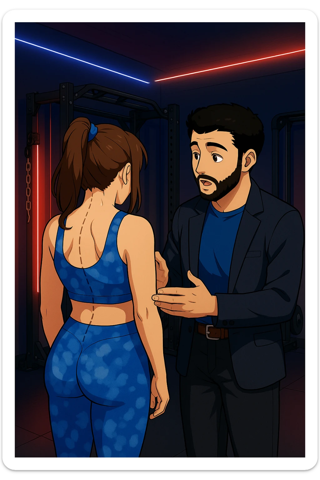 ispirati a questo stile di disegno e fai questa immagine in versione manga/webtoon a colori, il manga mostra la donna di spalle, mentre l'uomo le tocca la spina dorsale per spiegarle come funziona la scoliosi:
Con una scoliosi il baricentro corporeo cade maggiormente da un lato; per non cadere la schiena compensa accumulando tensione sul fianco opposto.
Il risultato? Si inclina e ruota sempre più, fino a che non cede (discopatie, artrosi, ecc) sticker