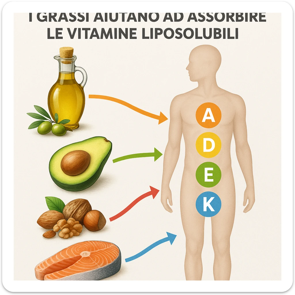 realistic infographic showing healthy fats like olive oil, avocado, nuts, salmon facilitating absorption of fat-soluble vitamins A, D, E, K in the human body; colorful arrows connecting foods to body; educational style with clear modern light background; caption in Italian: 'I grassi aiutano ad assorbire le vitamine liposolubili' sticker