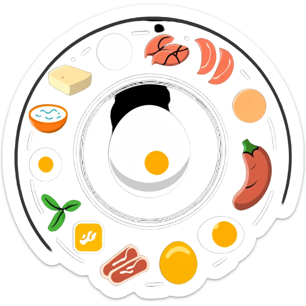 Close-up of glowing muscle fibers only, semi-transparent and pulsating with energy. Protein food icons (meat, egg, beans, tofu, yogurt) orbit around the muscle fibers in a warm energetic circle. sticker