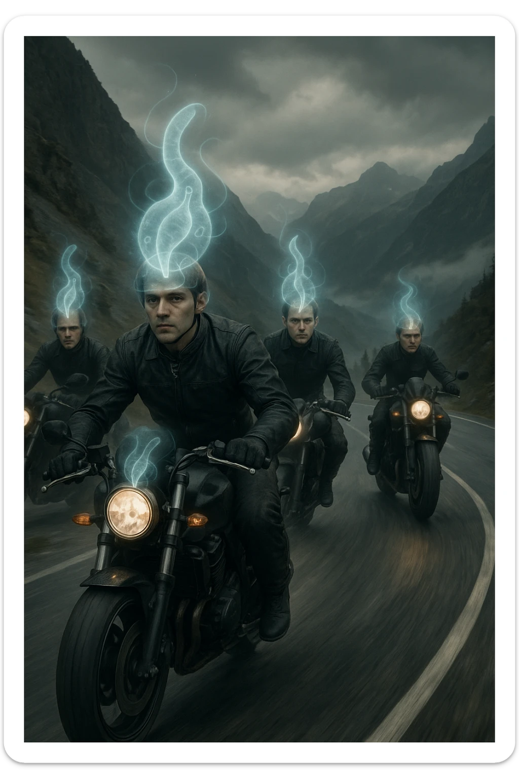 A group of motorcyclists riding aggressively along a winding mountain road at high speed. Their expressions are eerily calm and fearless. Faint, translucent parasite-like forms (symbolizing Toxoplasma gondii) overlay their heads or brains, emitting a subtle glow. sticker
