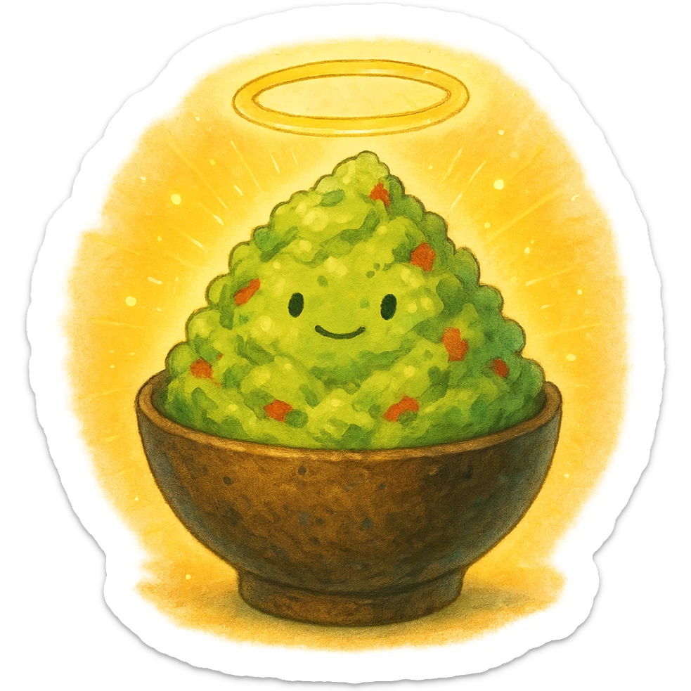 ghibli style holy guacamole, whimsical guacamole with a glowing aura and halo sticker