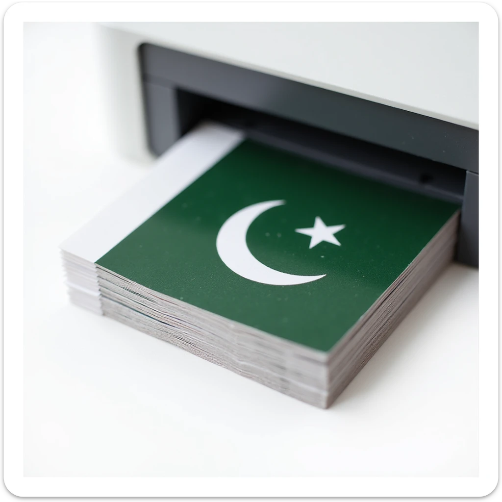 realistic thumbnail for a passport size photo print out service for Pakistan, close-up of a modern printer and a stack of printed passport size photos, with a green accent or Pakistani flag, on a white background sticker