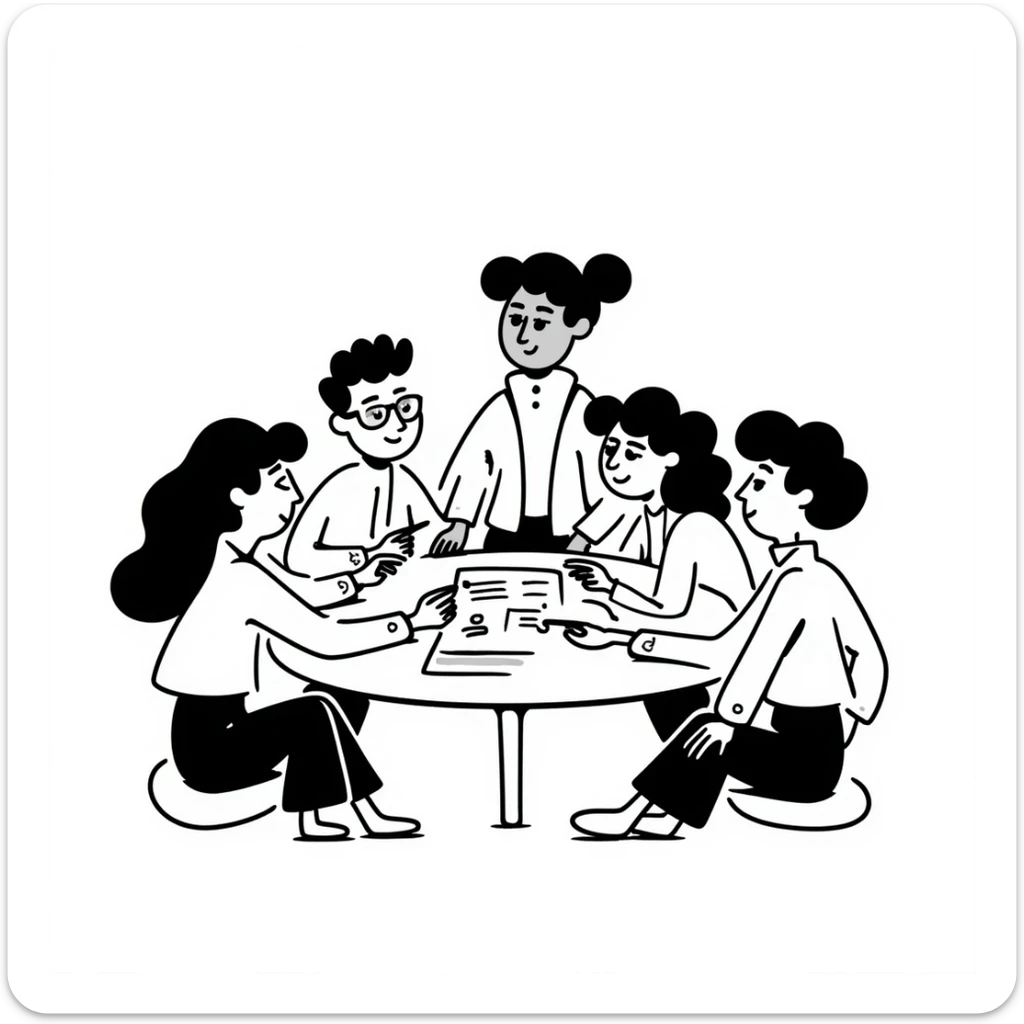 team collaboration, simple hand drawn doodle of people working together, friendly and approachable sticker