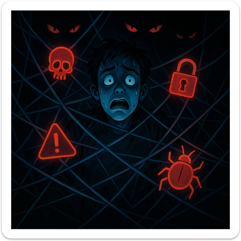 A frightened character trapped inside a web of wires and malware icons, with ominous eyes watching from the darkness, representing a cyber security nightmare. sticker