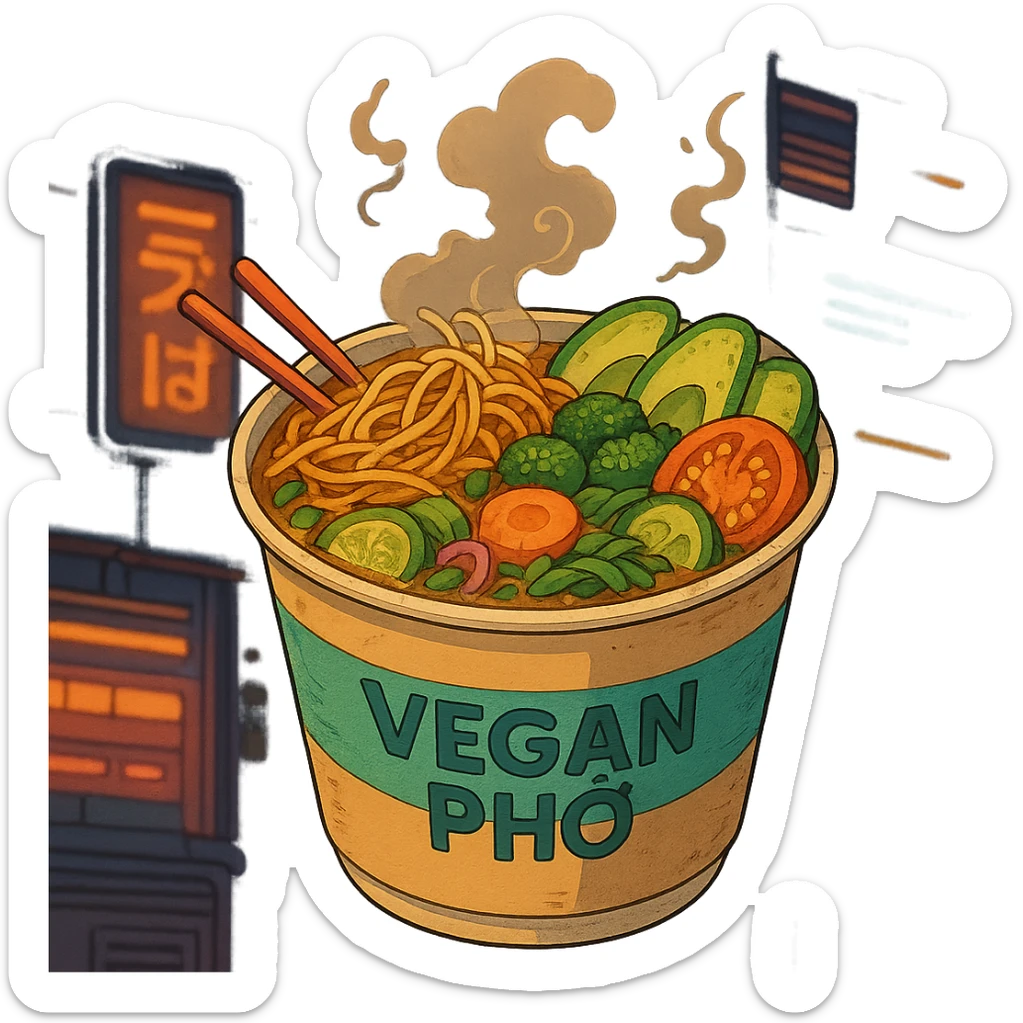 cyberpunk futuristic, scifi, a bowl of delicious VEGAN pho, ramen, 1990s, paper cup sticker