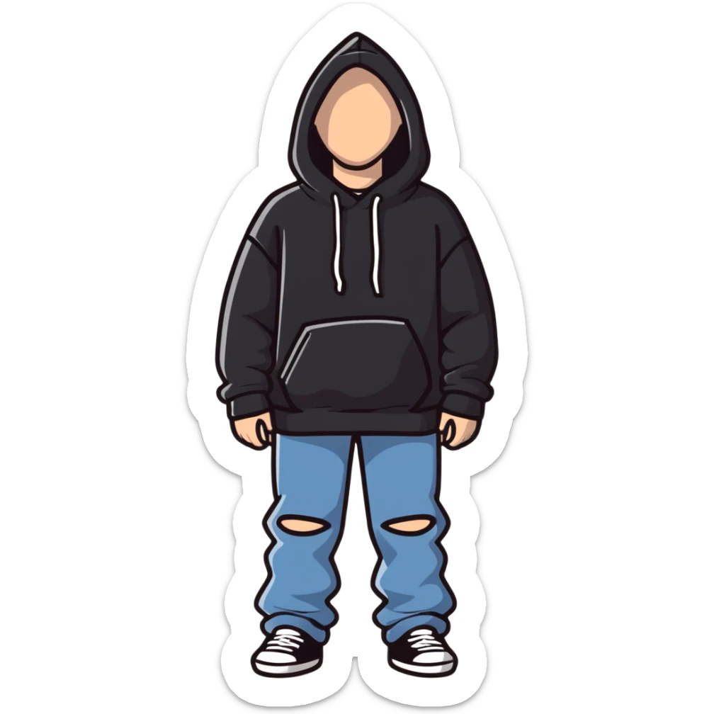 person named Les wearing wide jeans and a black hoodie sticker