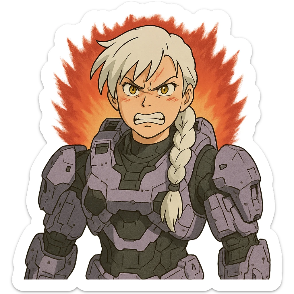making an angry scowl, frown closed mouth, rage face, rage aura,  female, wearing reach spartan armor shoulder-unequip, long white braid hair with massive messy front side single bangs, gold yellow eyes, attention pose, D-cup size, HALO:series, no helmet, the armor is lavender color scheme, sticker