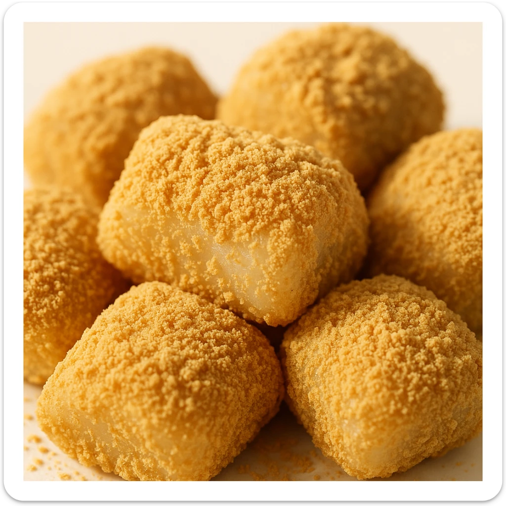 injeolmi rice cakes, generous coating of roasted soybean powder, soft and chewy, close-up, white background, warm natural light sticker