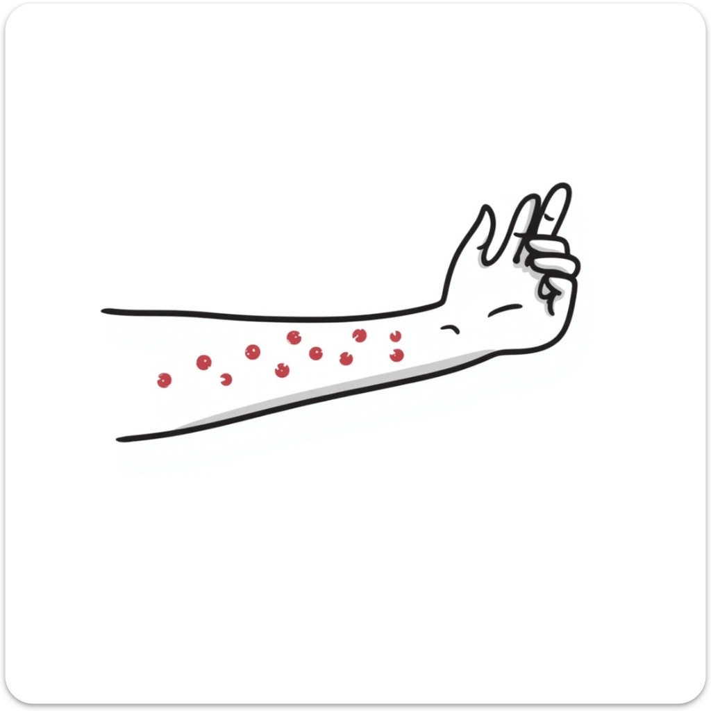 Detailed drawing of arm showing allergy skin prick test on forearm with small red welts, hand with all 5 fingers visible sticker